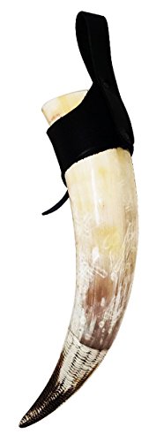 Cuerno vikingo de asta genuina. con diseño de cola de pez de 12 cm en la parte inferior y colgador de piel auténtica para el cinturón. De varios tamaños, de 34 a 41 cm, etc.