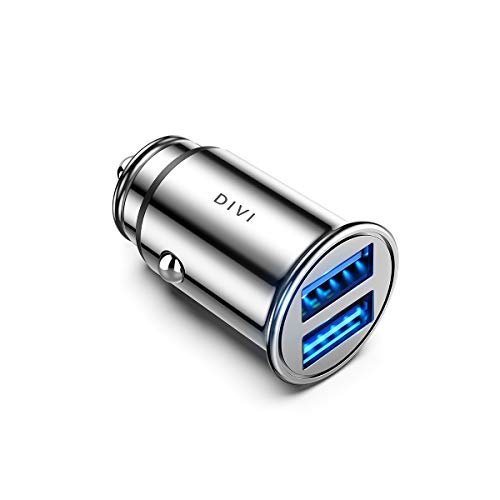 DIVI Cargador de Coche con Doble USB Puerto Cargador Móvil 5V/4.8A/24W, Adaptador Automóvil con Fast Charging Mini Small Size para Phone X / 8/8 Plus / 7, Galaxy S9/S9 Plus/S8/S7/S6 by (Plata)