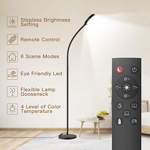 dodocool Lámpara de pie, Sala/Dormitorio/Leer/Luces de Piano, 360°Flexible, Ajustada sin Escalones 3000k-5500k de 4 Tipos de Color, 6 Modos, Control Remoto, Lámpara de Pie LED, Minimalista, Negro.