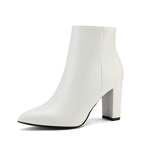 Dream Pairs Sianna-1 Mujer Botines de Tacón Ancho Otoño Invierno Punta Puntiaguda Moda Botín Blanco PU 40 EU/9 US