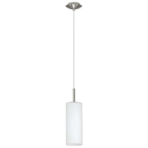 Eglo 85977 Troy 3 - Lámpara colgante (Acero niquelado acabado mate y cristal satinado blanco, 1 bombilla E27 máx. 60 W, diámetro 10,5 cm, altura 110 cm)