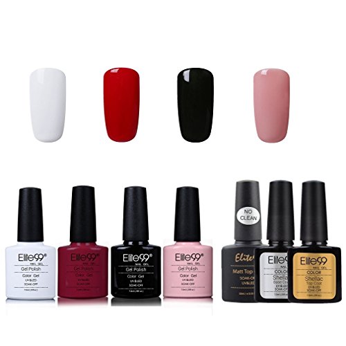 Elite99 Esmalte de Uñas Semipermanente Uñas de Gel UV LED Kit de Manicura 7pcs con Base Coat Top Coat de Brillo y Top Coat de Mate Pintauñas Soak off - Kit 001