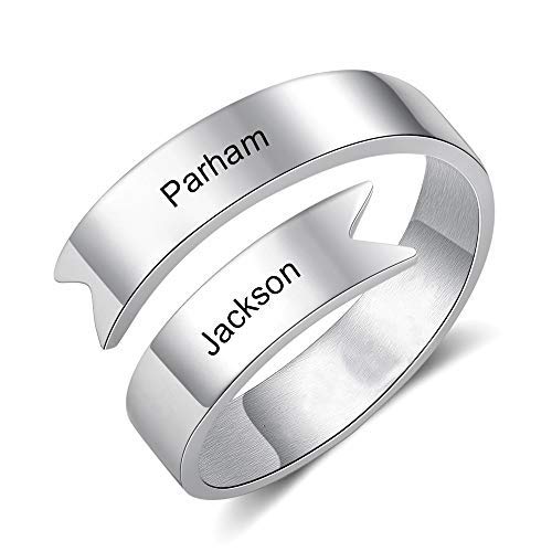 Gaosh Grabado personalizado 2 Nombre Anillo de giro Abierto Nombre ajustable BFF Anillo de madre personalizado Regalo para aniversario Aniversario de San Valentín Anillo de plata Damas