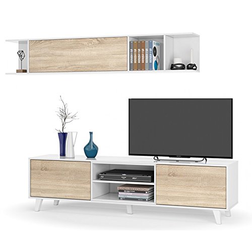 Habitdesign 0F6634BO - Mueble de salón Comedor, módulo TV + Estante, Color Blanco Brillo y Roble Canadian, Medidas: 180x54x41 cm de Fondo