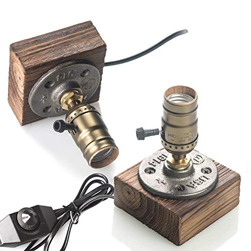 JINYU 2 Pack Lámpara de mesa de luz nocturna de madera/escritorio vintage E27 Bombilla Edison Madera Luz de noche industrial regulable retro para dormitorio Sala de estar de arte el hogar Cafe antigua