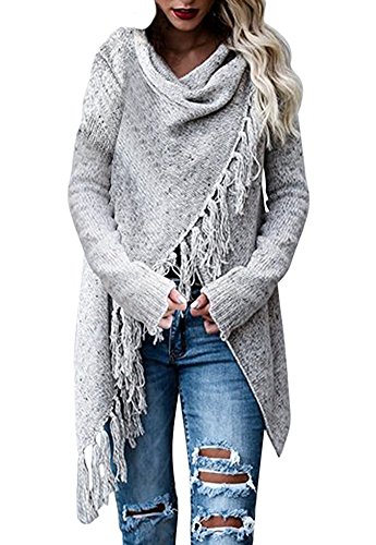 Minetom Mujeres Poncho Chal De Punto Jerseys Cardigan Sweater De Invierno Tops Moda Elegante Manga Larga Borla Asimétrico Color Patchwork A Gris Claro ES 36