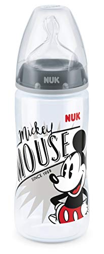 NUK Botella FIRST CHOICE Anti-Cólico bebé Disney Mickey PP 300 ml, con cuello ancho Gr silicona pezón. 2 (6-18 meses) M para la leche, color negro