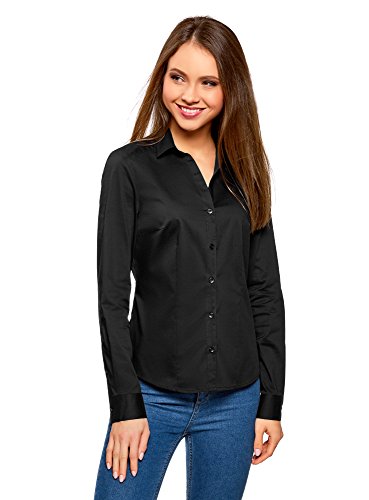 oodji Ultra Mujer Camisa Entallada con Escote en V, Negro, ES 36 / XS