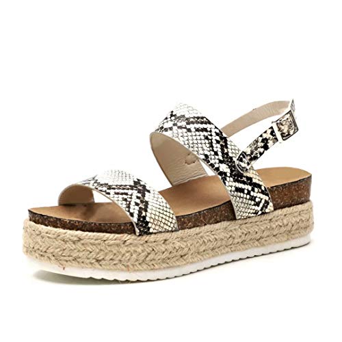 Sandalias Mujer Cuña Piel Plataformas Alpargatas Punta Abierta 5 CM Tacon Verano Tobillo Hebilla Zapato de Playa Moda Fiesta Serpiente 37