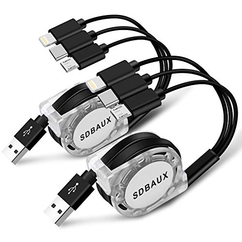 SDBAUX Cable de Cargador Retráctil Múltiples,3 en 1 USB 2Pack/1m Cable de Carga con Tipo C Micro USB Compatibles con Teléfonos Celulares Tabletas Uso Universal(Solo Carga)