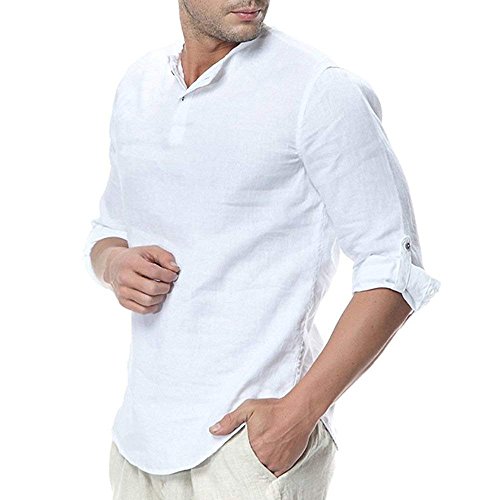 ShallGood Camisa Hombre Cuello Mao Lino Blusa Manga 3/4 Camisas Top Sin Cuello De Color Sólido Blusas Suelta Camisas De Trabajo Suave Cómodo Transpirable A Blanco Large