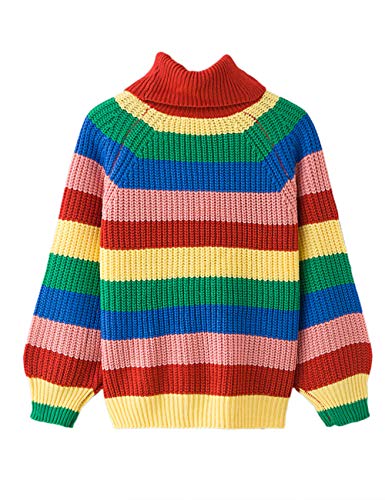 SOMTHRON Mujer Color Raya Manga Larga de Gran Tamaño Cálido Cuello Alto Jersey de Punto Otoño(RE,M)