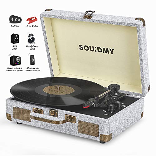 Souidmy Tocadiscos de Vinilo con Bluetooth, 2 Altavoces Incorporados, Reproductor de 3 Velocidades para Discos de 7/10/12 Pulgadas, con Puerto AUX / Auriculares / RCA