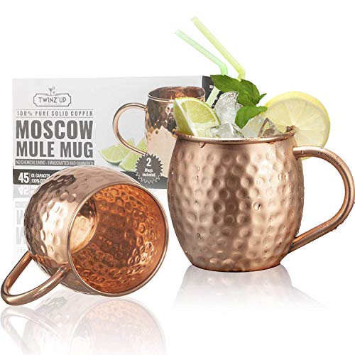 Taza de Cobre Sólido para Coctel Moscow Mule - 2 Tazas Twinz’Up - Sin Revestimiento – Jarra de Cobre Tipo Amartillado - 45 cl. de Capacidad - Ideal para Cualquier Bebida Fría - Genial para recibir visitas y para el Carrito de tu Minibar - Regalo de Crista