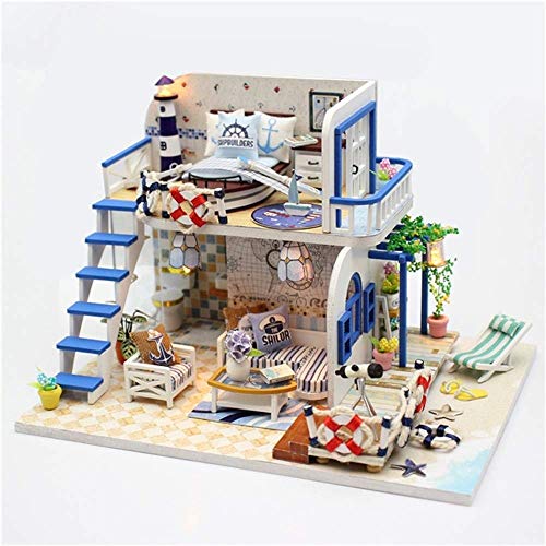 Ycco DIY mini Dollhouse muebles del bebé Kit de madera, Costa de la Luz azul hecha a mano Refugio Cabaña Pequeña Casa protector contra el polvo y la caja de música, regalos creativos Montaje casa de m