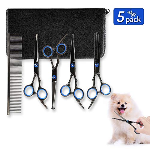 YOUTHINK Tijeras para Mascotas, 5 Piezas de Kit Profesional recortador para Mascotas de Acero Inoxidable, Utilizado para Perros o Gatos, Tijeras Rectas y Curvas con Peine para Cabello Largo y Corto