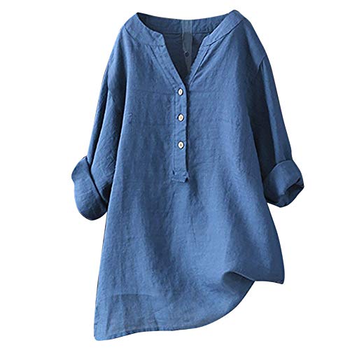 Yvelands Camisa Casual Femenina, Tops para Mujer Sólida Camiseta de Manga Larga Loose Button Down Blusa Liquidación! (Azul, XXXL)