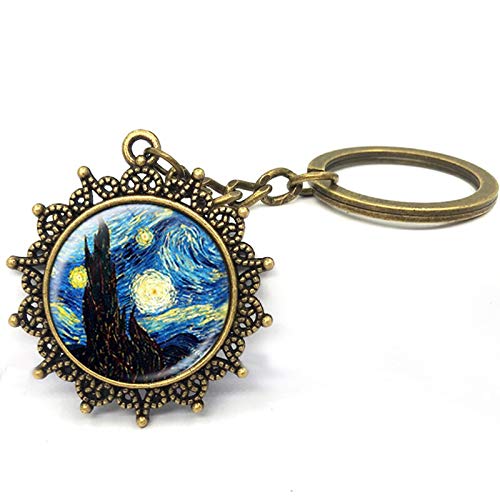 Inveroo 1Pcs/Lote Vintage Van Gogh Arte Llavero Joyería Luna Y Estrellas Noche Estrellada Bronce Antiguo Plateado Accesorios De Llavero