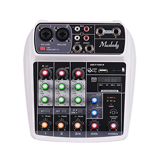 Muslady Consola de Mezcla Tarjeta de Sonido Compacta Mezclador de Audio Digital Entrada de 4 Canales BT MP3 USB + 48V Potencia Fantasma para Grabación de Música Red de DJ Transmisión en Vivo Karaoke