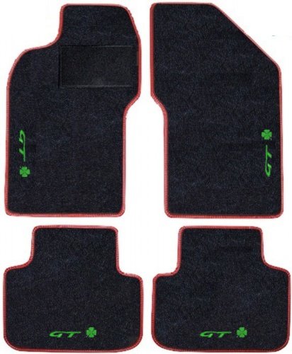 Alfa Romeo GT Q2 trébol Alfombras para coche color negro con borde rojo, juego completo de alfombras de moqueta sobre tamaño con bordado de hilo Verde