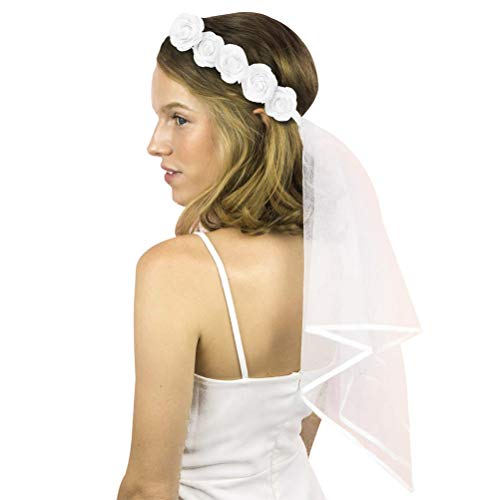 Amosfun Despedida de Soltera Boda Nupcial Velo de Novia Corto con Diadema de Flores Tocados (Blanco)