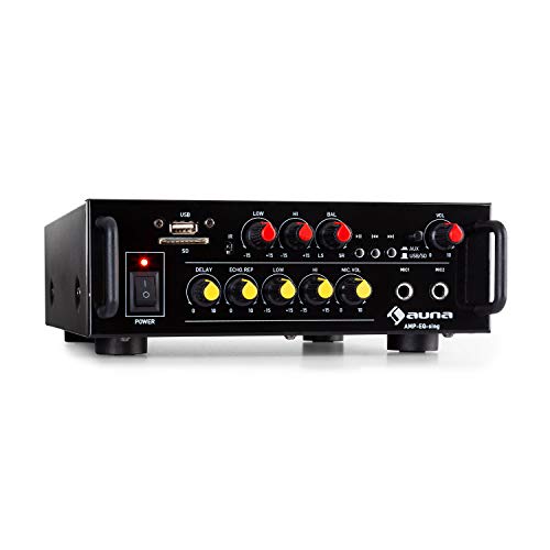 auna Amp EQ BT Amplificador HiFi de Karaoke - 2X 30 W RMS, Bluetooth, USB, Ranura SD, Entrada AUX, Salida de línea, 2 entradas de micrófono, Efecto Eco y retardo, Mando a Distancia