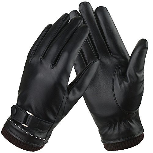 Bequemer Laden Guantes Mujeres Pantalla Táctil Conducción Invierno Caliente Cuero Guantes, Forro de lana o cachemir, Negro