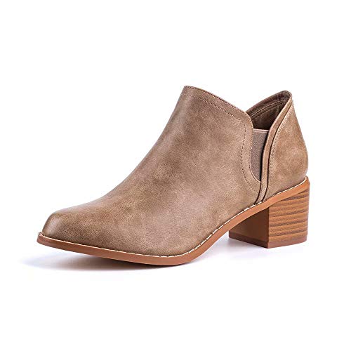 Botines Mujer Planos Otoño Botas Piel Tacón Anch 5cm Botin Medio Bloque Chelsea Ankle Boots Invierno Cuero Zapatos Fiesta Caqui 39 EU