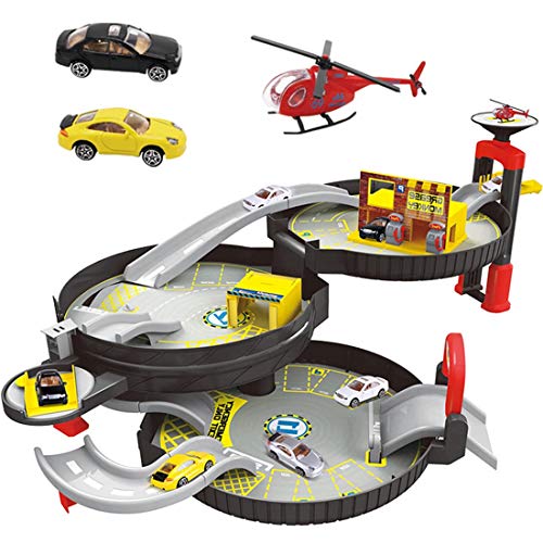 DRAKE18 Garaje de Coches de Juguete, Aparcamiento Niños Lote Playset de Vehículos y helicóptero, con Gasolinera, Lift & Wash Taller de Coches, Idea Regalos de cumpleaños para niños Edad 3+