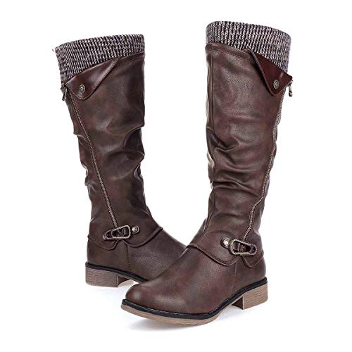 gracosy Botas de Mujer Otoño Invierno 2019 Tacon Bajo Zapatos Largas Botas Forrado de Piel Antideslizante Cómodo Cremallera Hebilla,Negro Marrón Gris