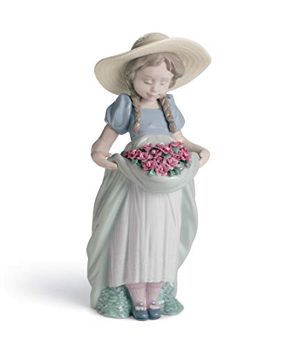 LLADRÓ Figura La Niña del Prado con Claveles. Figura Niña con Flores de Porcelana.