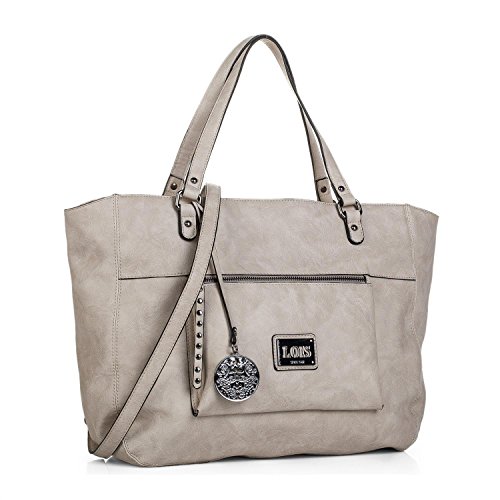 Lois - Bolso de Mujer Grande Tipo Shopping con 2 Asas Largas y Bandolera. Cuero PU. para Paseo Compras o Viaje. Diseño Elegante. Colgante de Regalo. 92741, Color Beige