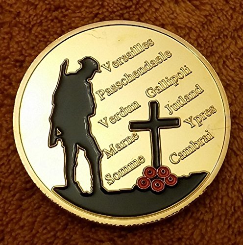 Moneda conmemorativa chapada en oro de 24 kt de la Primera Guerra Mundial conmemorativa, Cruz Poppy II con soldado de bandera de la unión, tanque, avión y el nombre de batallas famosas