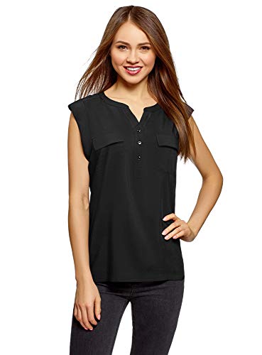 oodji Collection Mujer Blusa de Viscosa con Bolsillos en el Pecho, Negro, ES 42 / L