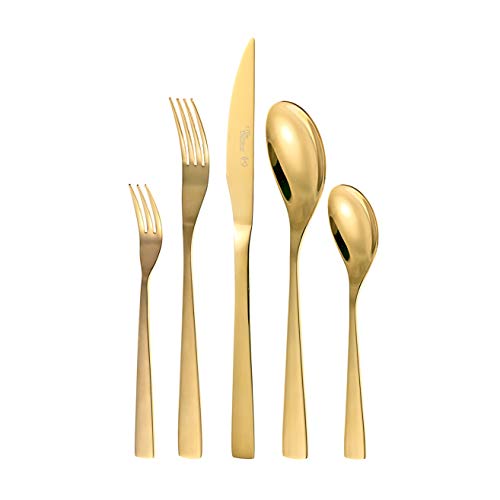 Otto Koning - Berlín - Set cubiertos de 30 piezas de acero inoxidable chapado en titanio dorado y pulido brillante , espesor 4 mm y cuchillo chuletero. Una cubertería de mesa moderna para 6 comensales
