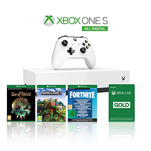 Xbox One S 1TB All Digital Edition Console + 1 Mese Xbox Live Gold + 3 Digital Games Inclusi (Sea of Thieves, Minecraft, Fortnite Legendary Evolving Skin & 2000 V-Bucks) [Importación italiana]