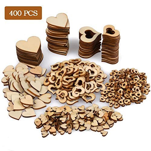 YANSHON Corazones de Madera Rebanadas de Madera Forma Corazón Entero, Hueco Adornos de Corazón para Decoración Boda DIY Manualidades Artesanías Tamaño (400pcs / 10-40mm)