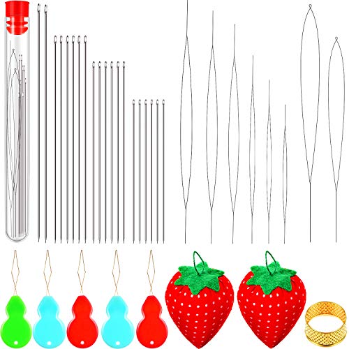 37 Piezas de Agujas de Abalorios Surtidas Agujas de Hilo de Abalorios Rectos Largos de Abalorios de Ojo Grande con Alfileres de Costura Cojín Enhebradores de Agujas Botella Dedal para Hacer Joyas