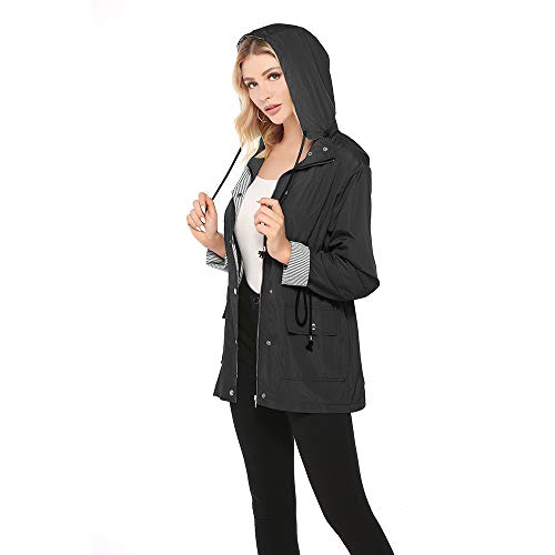 bedee Impermeable, Reutilizable Ponchos Impermeables Chaquetas Capa Lluvia con Mangas y Capucha para Mujer (Negro -L)