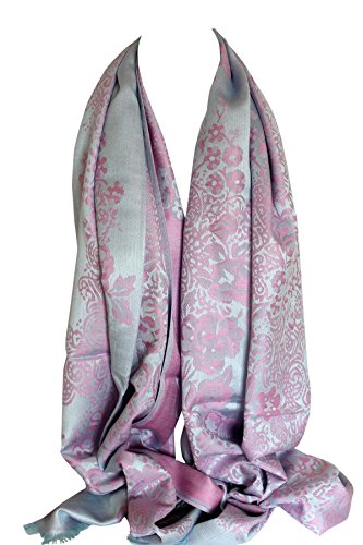 Bullahshah Floral con dos sensación suave impresión Reversible cara Pashmina abrigo chal Hijab cabeza bufandas bufanda (Gris y Rosa)