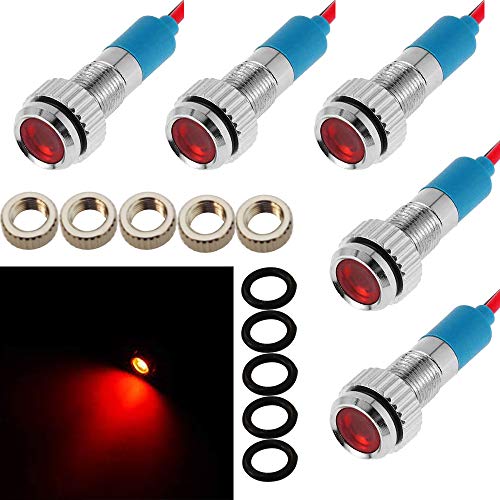 CESFONJER 5pcs 6mm 1/4"LED Indicador de metal 12V Impermeable Luz de señal Piloto Dash Car Truck Marine Cable (Rojo)