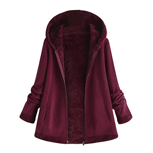 DOGZI Abrigo Mujer Invierno Tallas Grandes Bolsillo Cremallera Mantener Caliente Lana Caliente Abrigo De Algodón Cardigan Felpa Abrigo Piel sintética Abrigo con Capucha M~5XL (5XL, Vino Rojo)