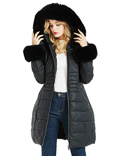 Geschallino Abrigo Largo de Invierno para Mujer, Abrigo Parka con Capucha de Adorno de Piel Sintética Desmontable, Abrigo de PU Acolchado Negro, Negro, M