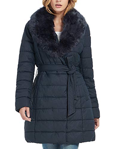 Geschallino Chaqueta Acolchada de Piel Sintética Abrigo Largo Parka Ropa Exterior con Cuello de Piel Sintética Desmontable Invierno, Peso Ligero, Resistente al Agua, Azul, S