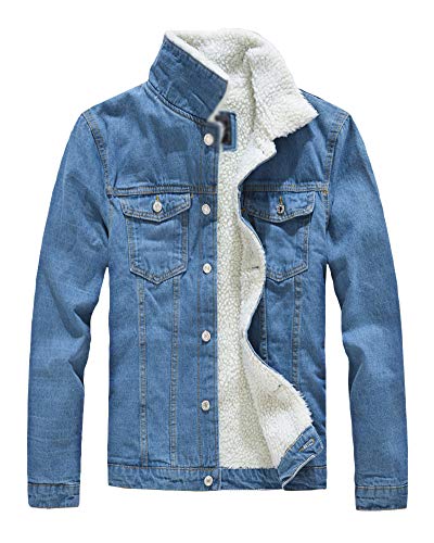 Hombre Denim Chaqueta De Vaquero Manga Larga Abrigo De Invierno Cálido Jean Jacket Azul Claro 2XL