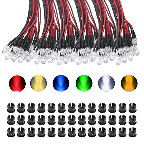 KeeYees 60Pcs 5mm 12V DC Pre Wired LED Diodos Emisores de Luz Lámpara - Blanco Cálido Blanco Rojo Azul Verde Amarillo (10PCS x 6 Colores) + 60Pcs 5mm Plástico Soporte de LED Clip Montaje