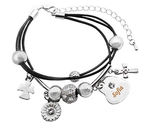 Kigu Sofia - Pulsera de Piel auténtica con múltiples hebras y abalorio de corazón Chapado en Oro Blanco de 18 Quilates