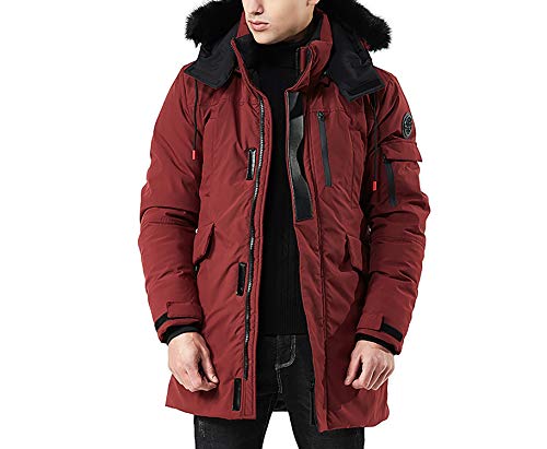 MJLAD Abrigo de Invierno con Capucha para Hombres, Chaqueta Gruesa con Capucha de Piel Desmontable, Chaqueta Casual para Hombres Chaqueta Parka Larga de Moda-Redwine-M