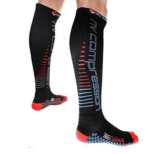 NV Compression 365 Cushion Calcetines Compresión Negros - Cushioned Compression Socks - Black - For Sports Recovery, Work, Flight - Running, Cycling, Soccer, Rugby, Gym, Golf (Negro/Rojo Rayas, XL)