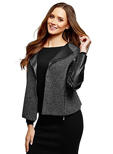 oodji Collection Mujer Chaqueta de Punto con Mangas de Piel Sintética, Negro, ES 36 / XS